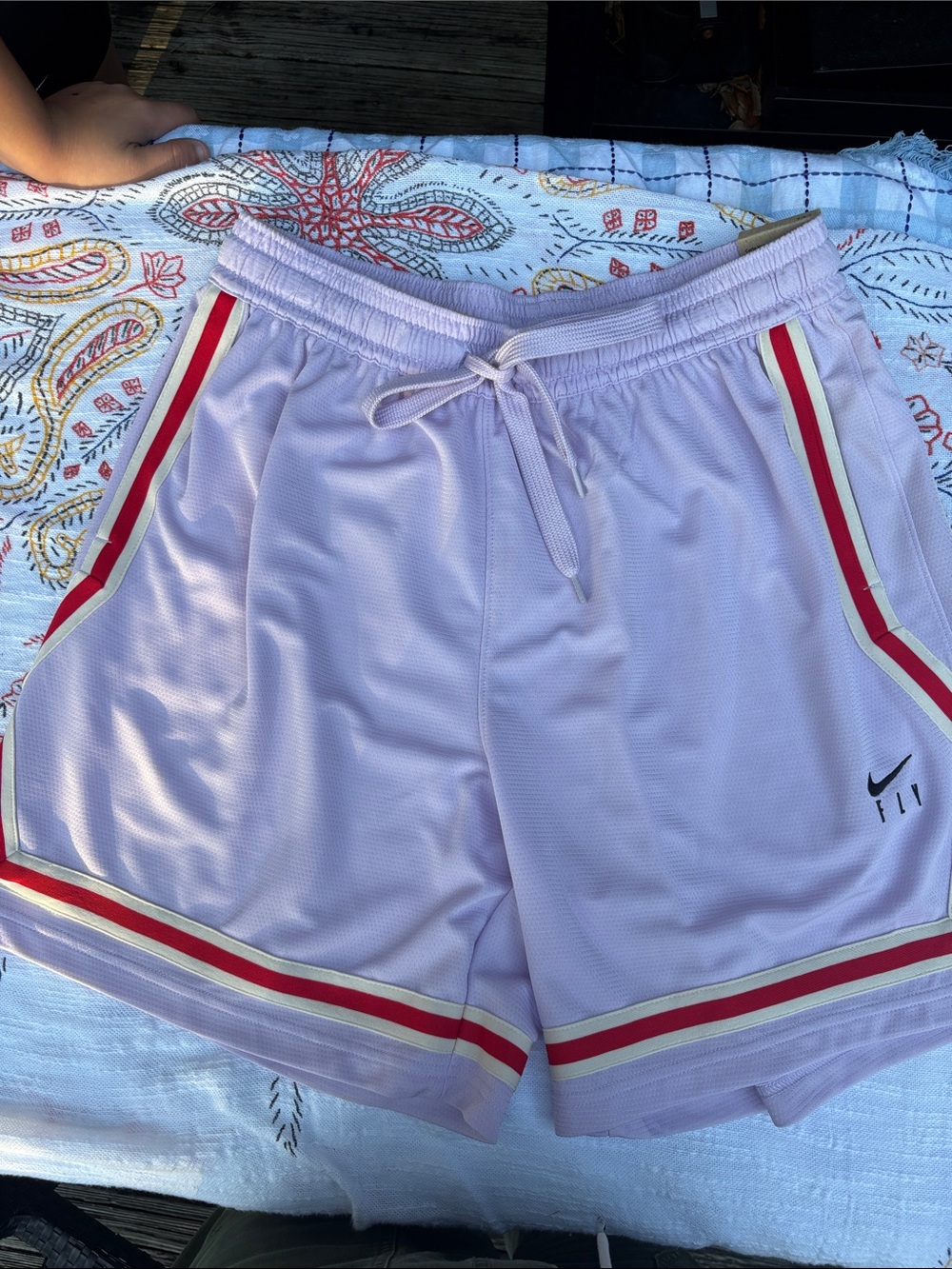 Women’s Nike Basketball Shorts Loose Fit-Color Lavendar with red and side stripe